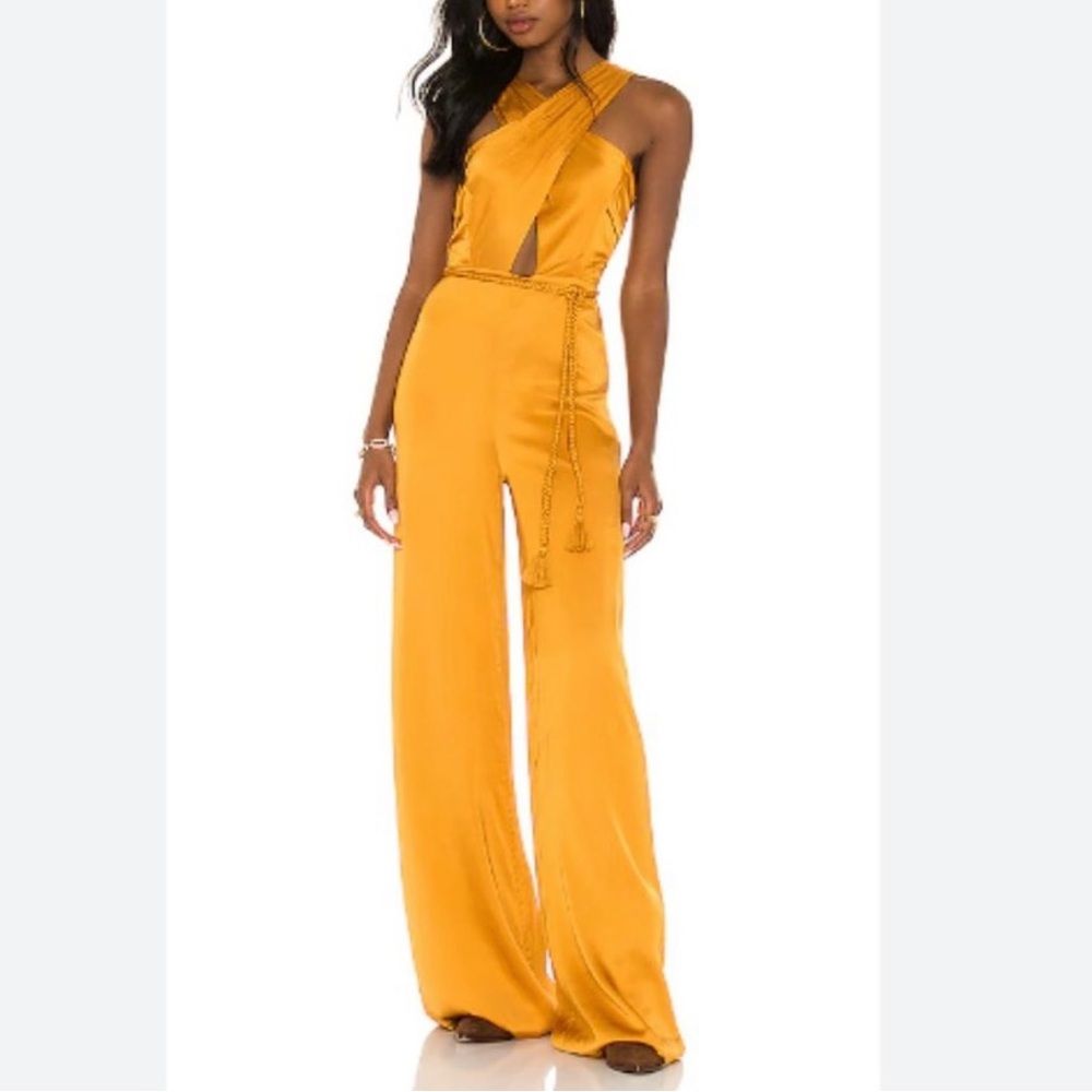 House of Harlow x Revolve gold satin jumpsuit